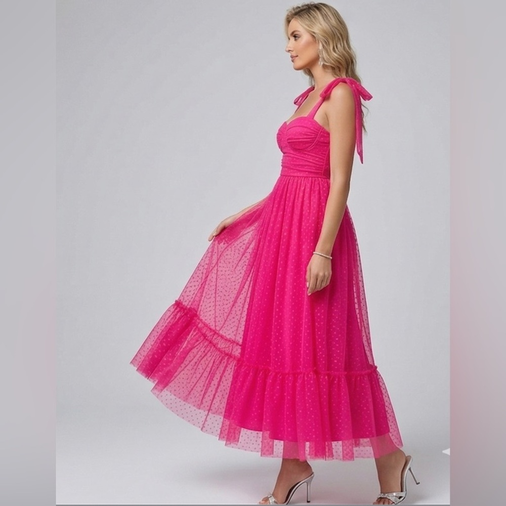 Hot Pink Swiss Dot Tulle Midi Dress with Tie-Shoulder Straps - Picture 6 of 10